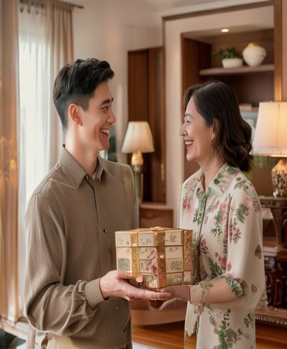 年轻男士在女友陪同下第一次拜访准丈母娘，手持精美礼盒微笑递上，客厅布置温馨，准丈母娘面露欣慰笑容，见女友妈妈场景真实还原