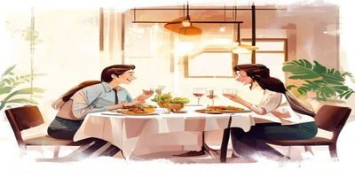 年轻男女在餐厅与长辈共进晚餐，画面温馨融洽，展示见女友父母吃饭礼仪场景