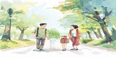 男生与准丈母娘在公园散步聊天，画面轻松愉快，展示长期维护准丈母娘关系的日常场景