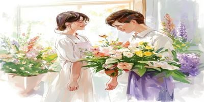 男生在花店精心挑选鲜花准备送给女友妈妈，画面温馨，展示见家长送花礼仪与技巧